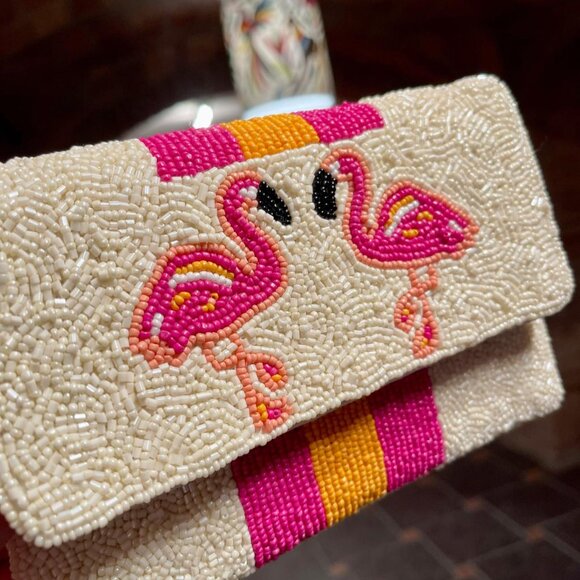 Pink Flamingo Bird Beaded Crossbody Chain Vacation Clutch Boho Handbag - Picture 2 of 6